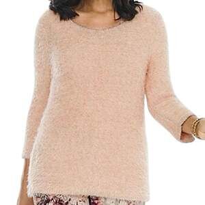 NWT Chicos Eyelash Fuzzy Knit Sweater L Large Pale Pink Shimmer Shine 3/4 Sleeve